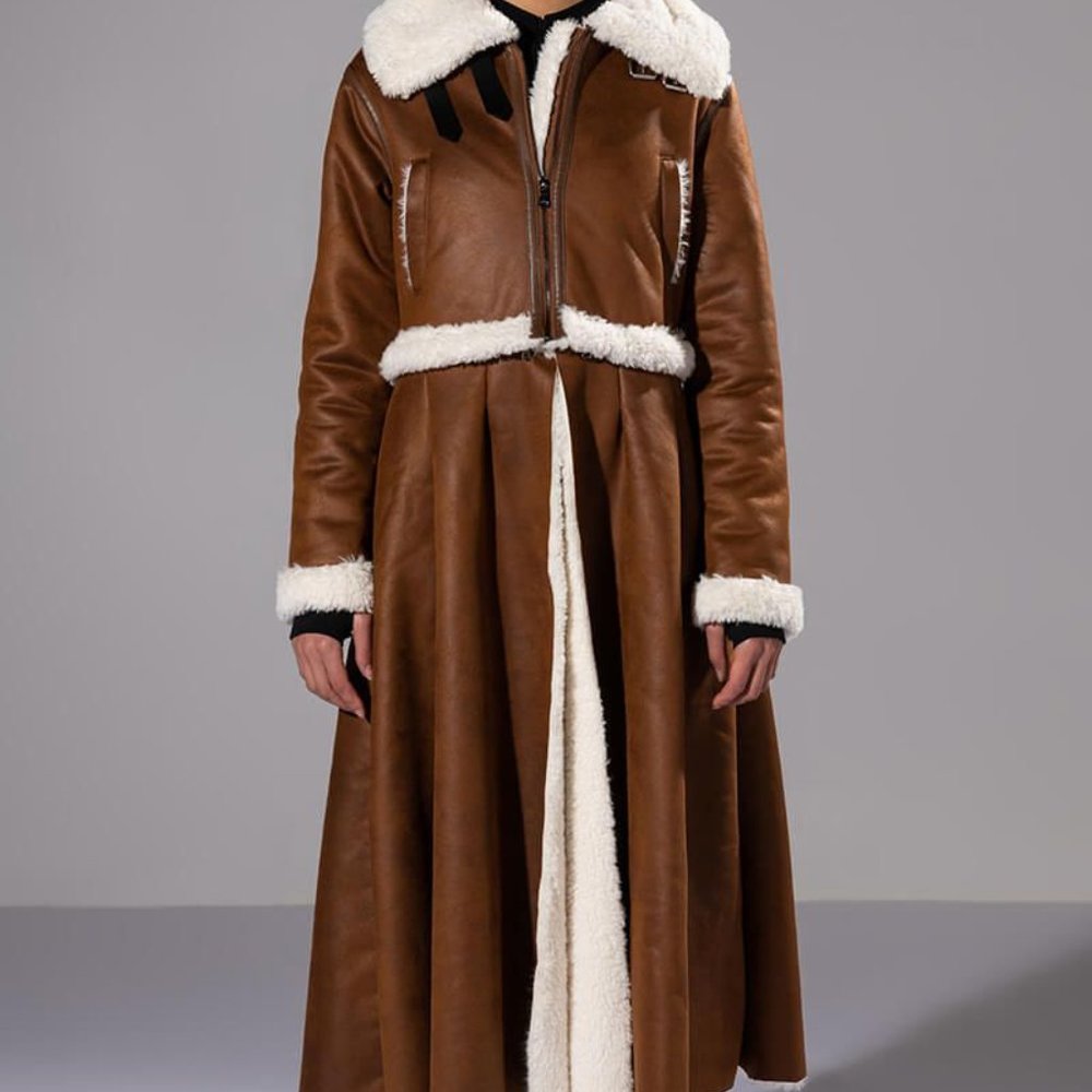 Miz Milk Chocolate Aviatrix Sherpa Lined Vegan Leather Convertible Trench Coat L - Picture 8 of 15